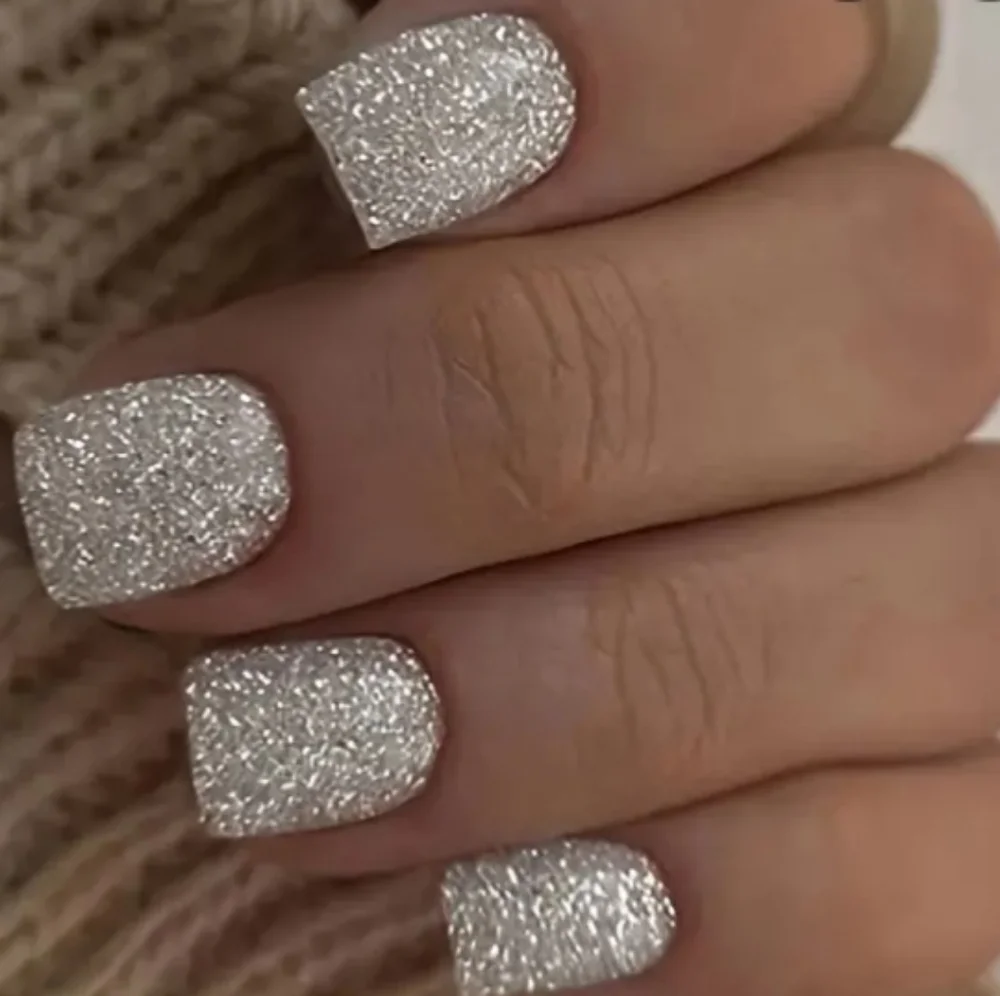 Glittery Silver Solid Press On Nails 24 ct.
